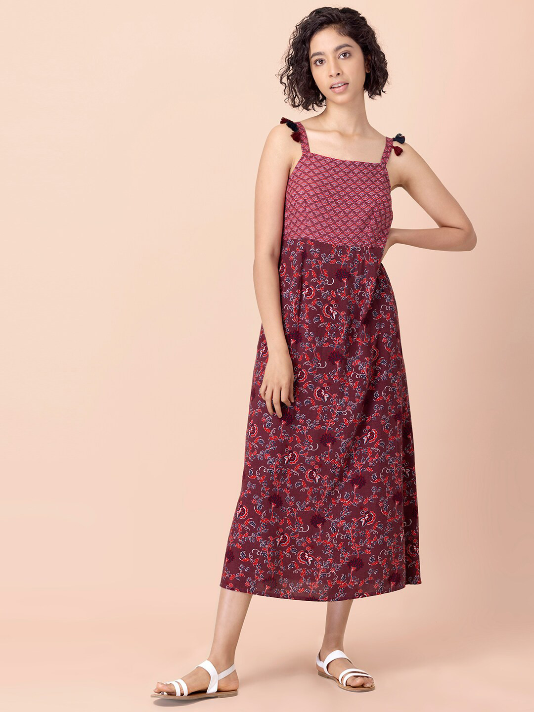 

INDYA Floral Printed Shoulder Strap A-Line Midi Dress, Maroon