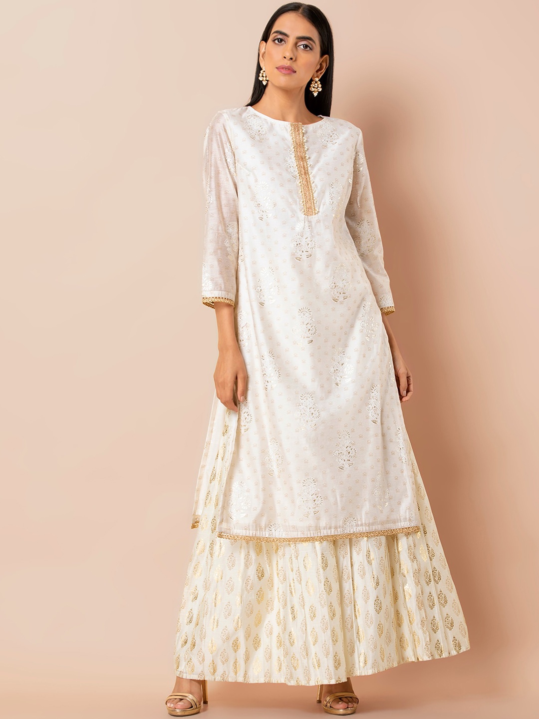 

INDYA Floral Foil Printed beads Straight Kurta, White
