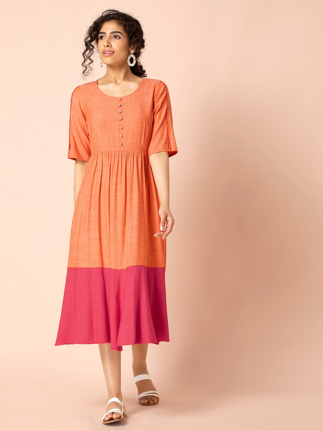 

INDYA Colorblocked Round Neck Fit & Flare Dress, Orange