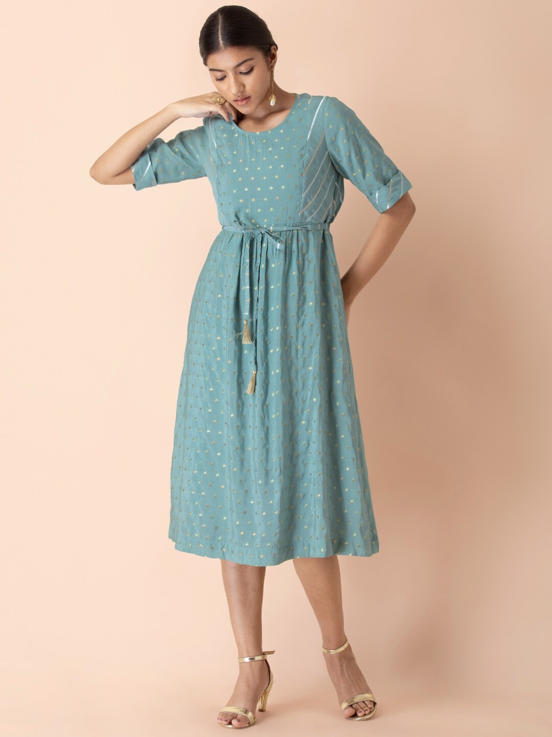 

INDYA Geometric Printed Tie-Up A-Line Dress With Belt, Blue