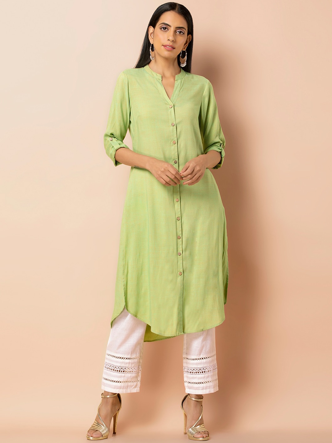 

INDYA Band Collar Roll-Up Sleeves A-Line Shirt Kurta, Green