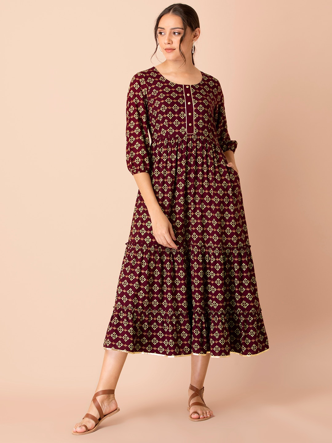 

INDYA Round Neck Floral Printed Fit & Flared Ethnic Dress, Maroon