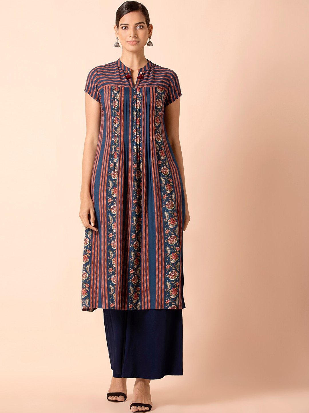 

INDYA Ethnic Motifs Printed Pin Tuck A-Line Kurta, Navy blue