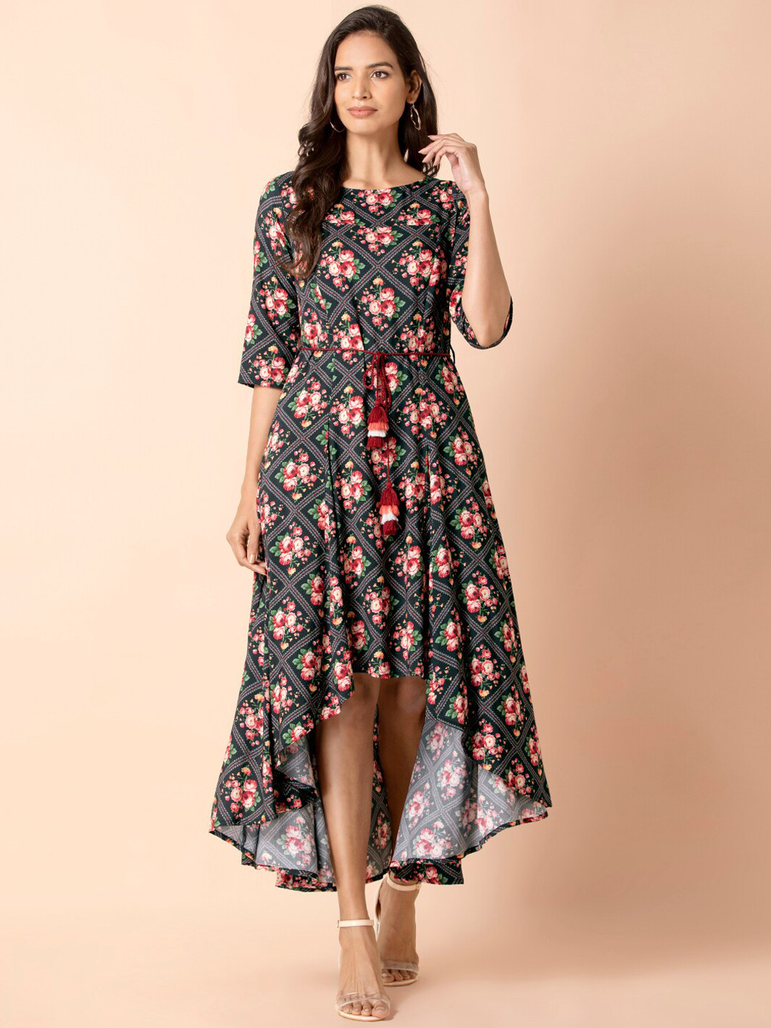 

INDYA Floral Printed High Low Hem Ethnic Dresses, Black