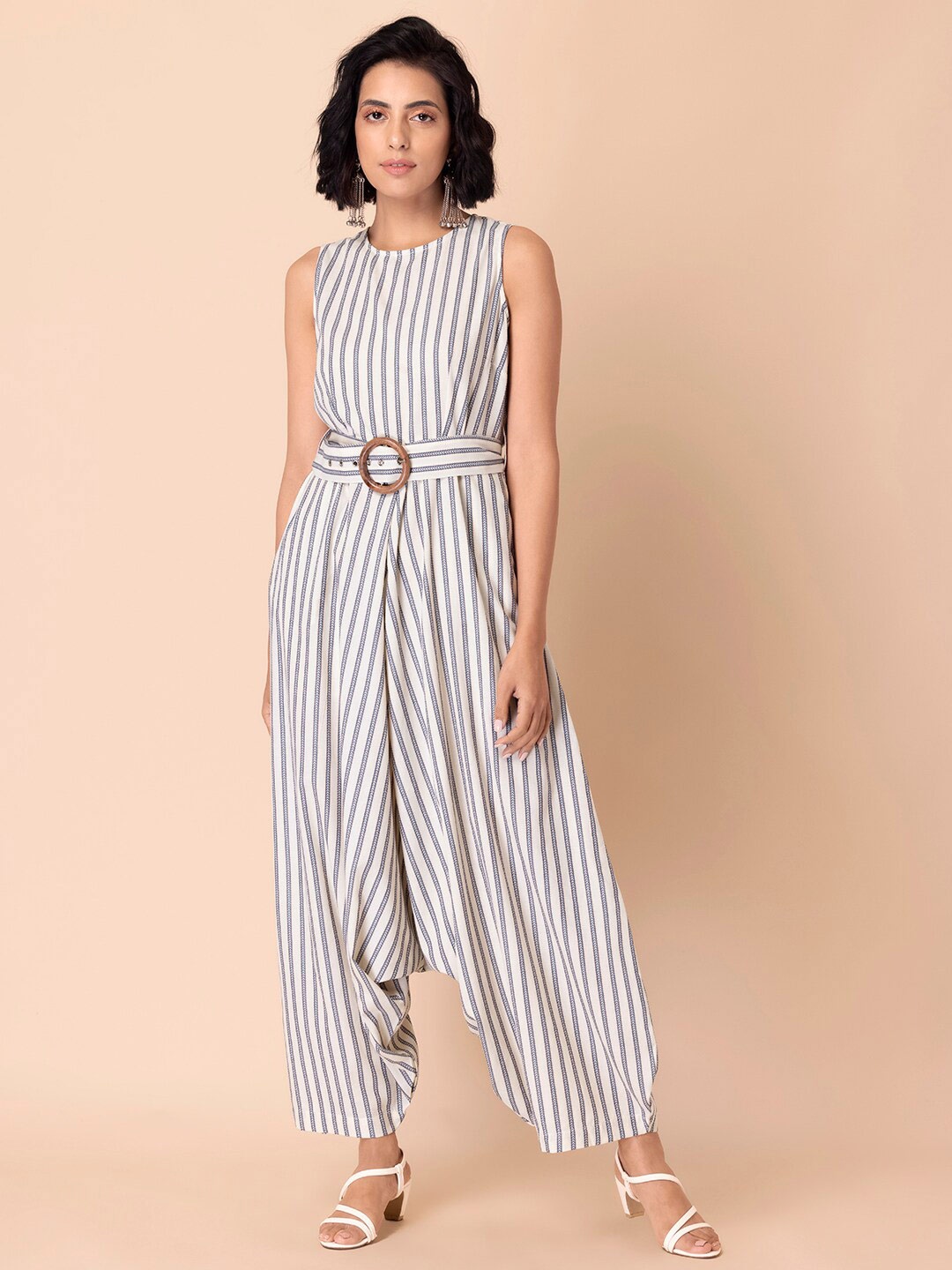 

INDYA Striped Round Neck Pure Cotton Cowl Basic Jumpsuit, White