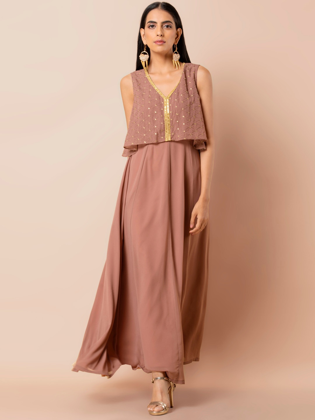 

INDYA Ethnic Motif Embroidered Sequinned A-Line Maxi Dress, Peach