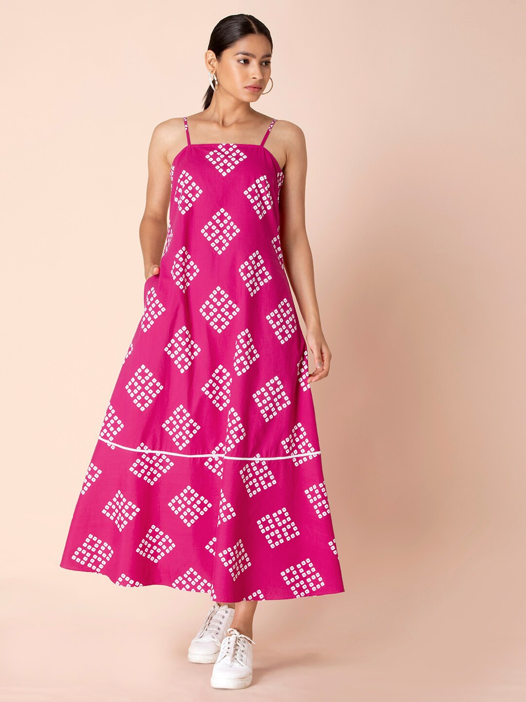 

INDYA Shoulder Straps Ethnic Motifs Printed Pure Cotton A-Line Maxi Dress, Pink