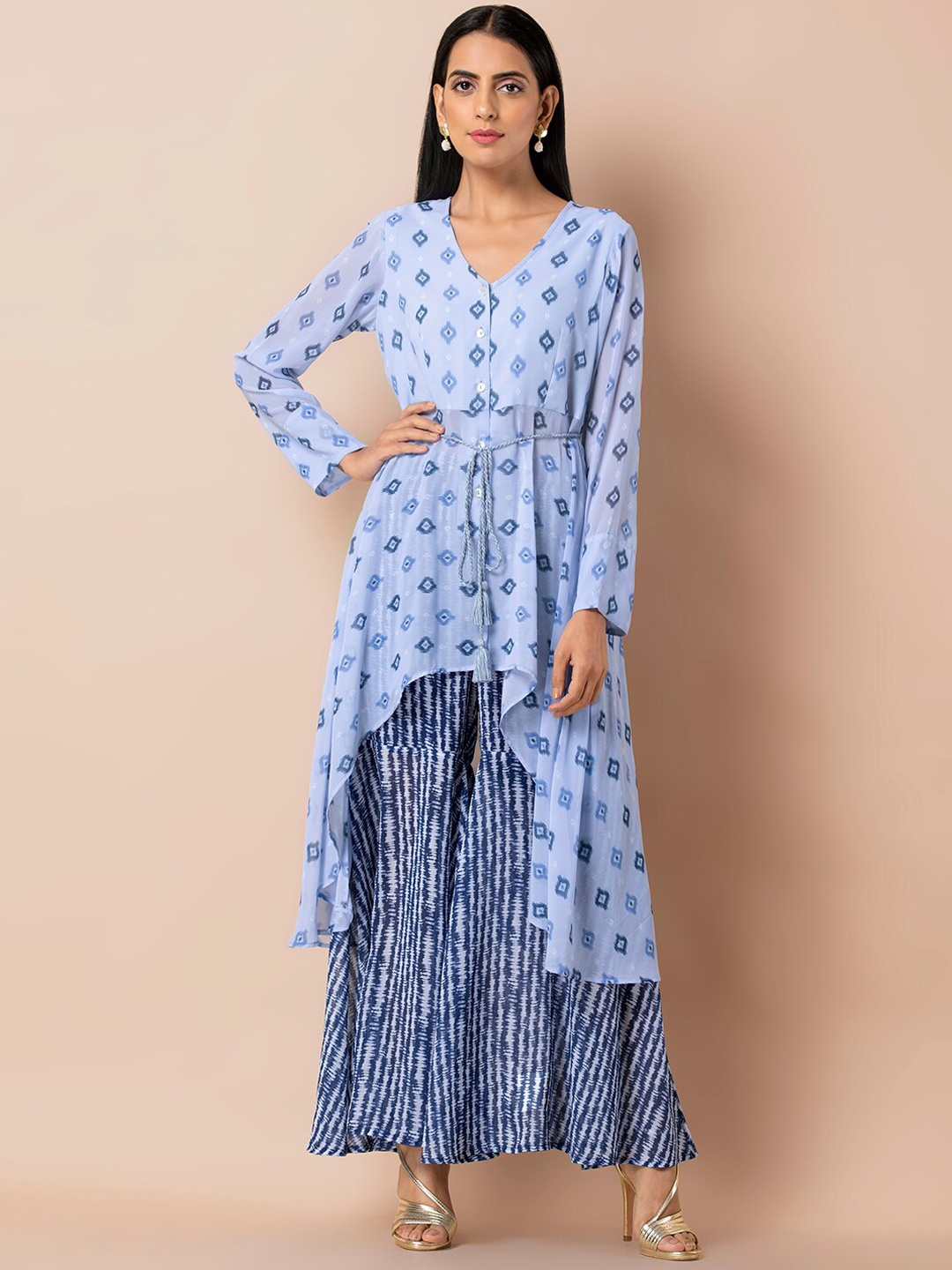 

INDYA Ikat Printed High Low Hemline A-Line Shirt Kurta, Blue