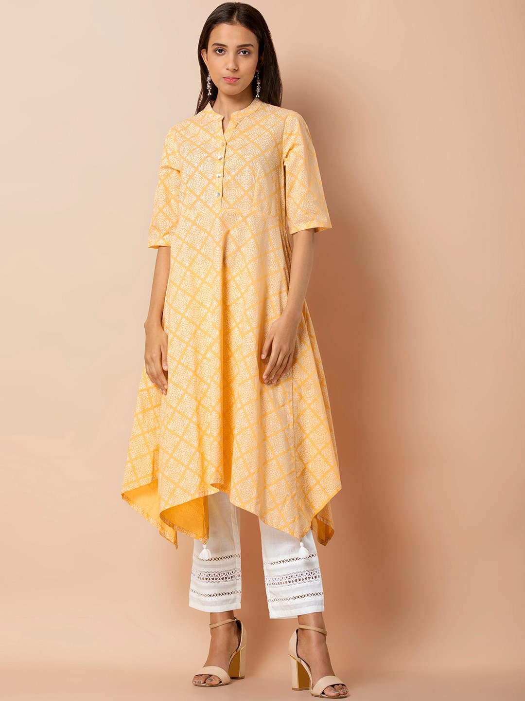 

INDYA Ethnic Motifs Printed A-Line High Low Kurta, Yellow