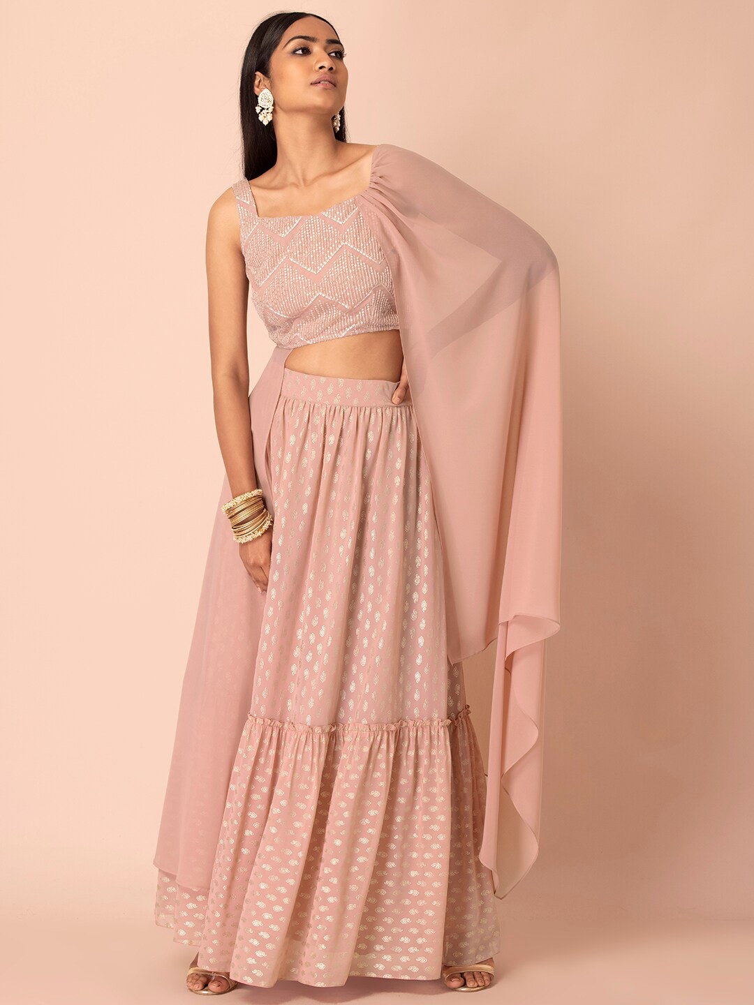 

INDYA Sequin Embellished Crop Top with Attached Dupatta, Pink