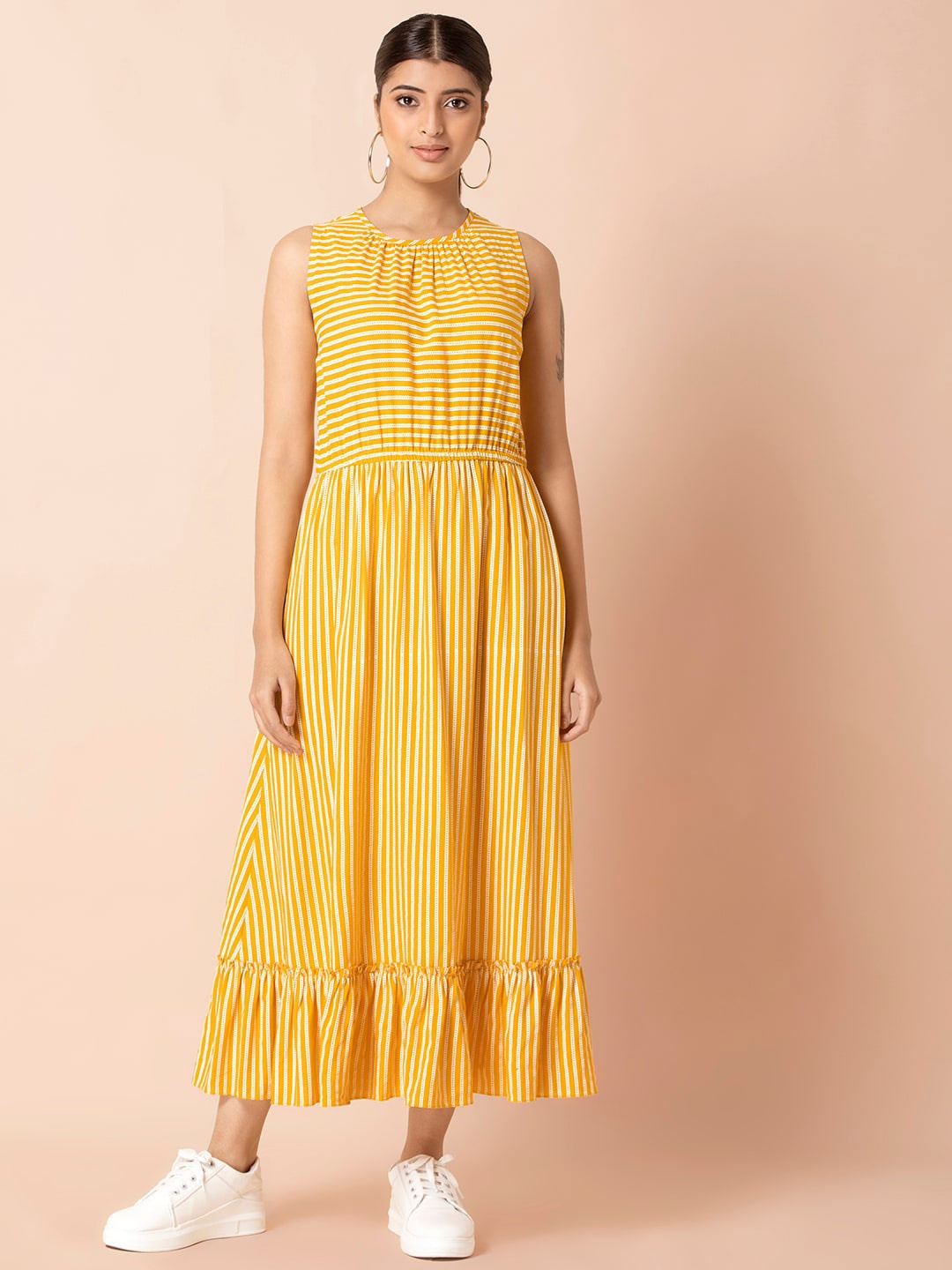 

INDYA Round Neck Striped Printed Ruffled Hemline Maxi Dress, Yellow