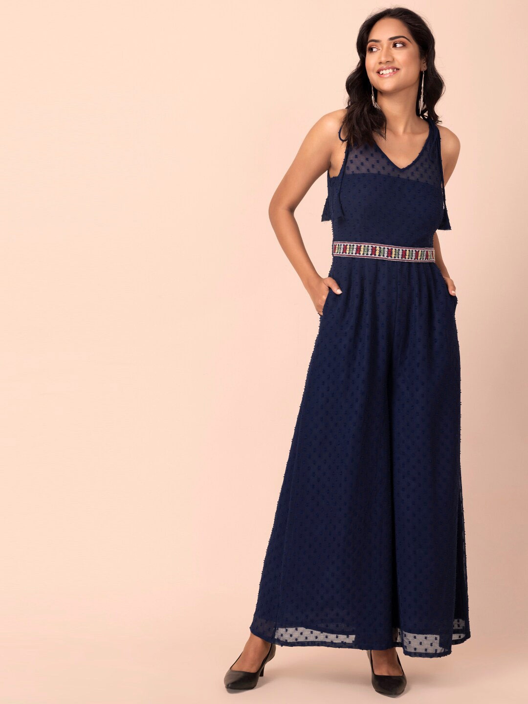 

INDYA Self-Design Tie-Up Shoulder Belted Jumpsuit, Navy blue