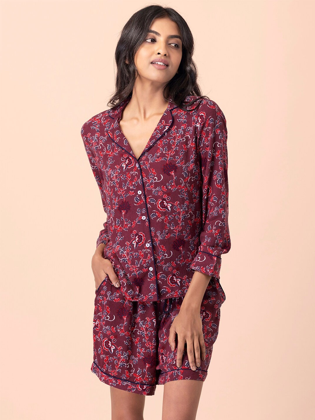 

INDYA Women Printed Shirt And Shorts Night suit Set, Maroon