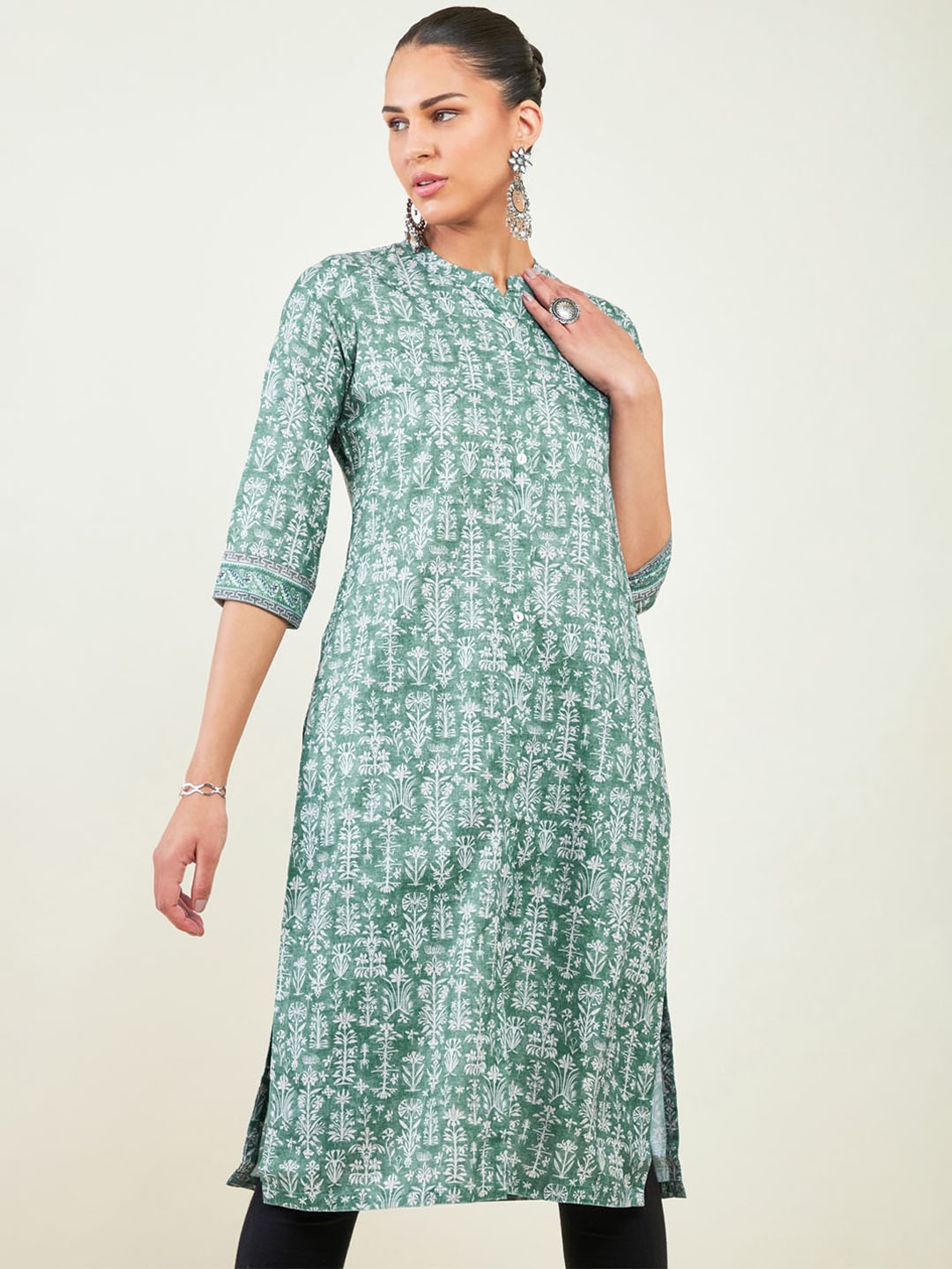

Soch Floral Printed Band Collar Straight Kurta, Teal
