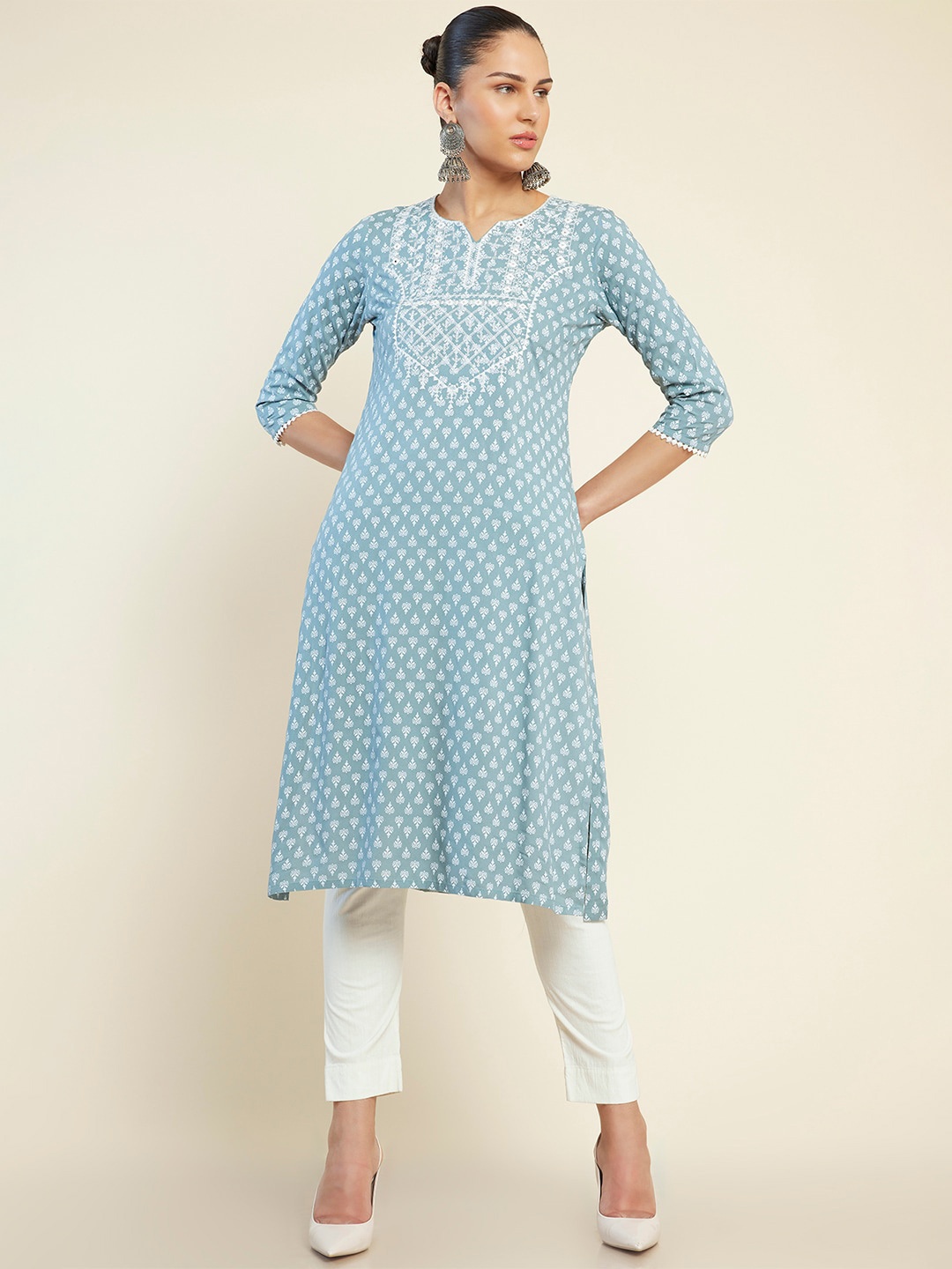 

Soch Ethnic Motifs Printed Thread Work Notched Neck A-Line Kurta, Blue