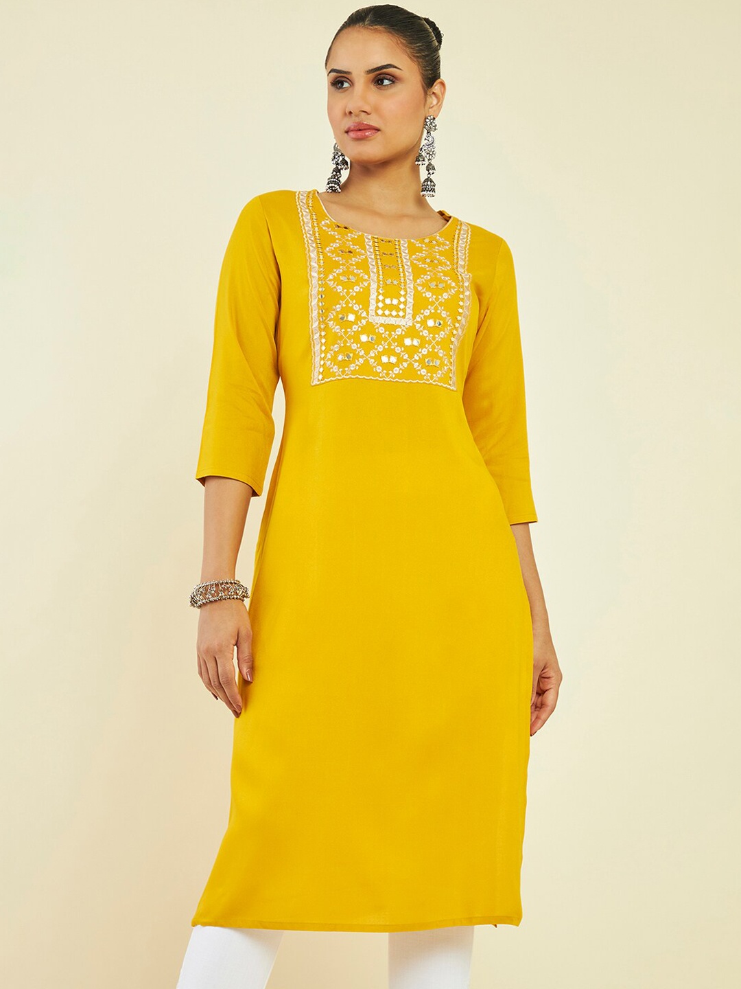 

Soch Geometric Yoke Design Thread Work Kurta, Mustard