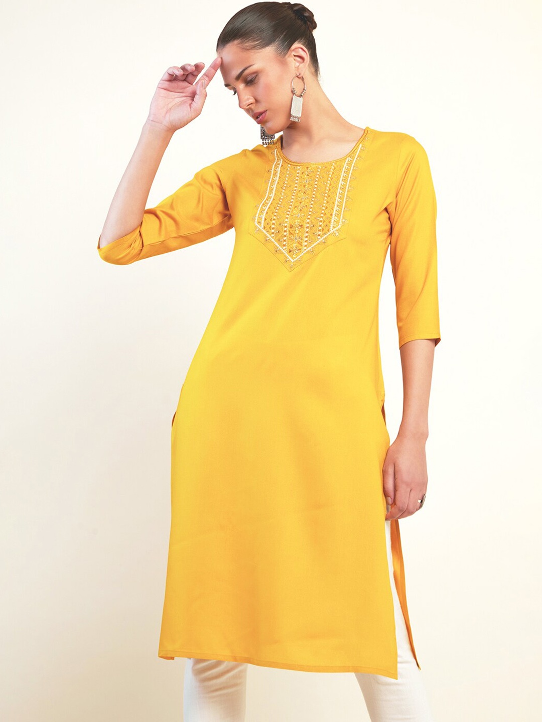 

Soch Yoke Design Mirror Work Straight Kurta, Mustard