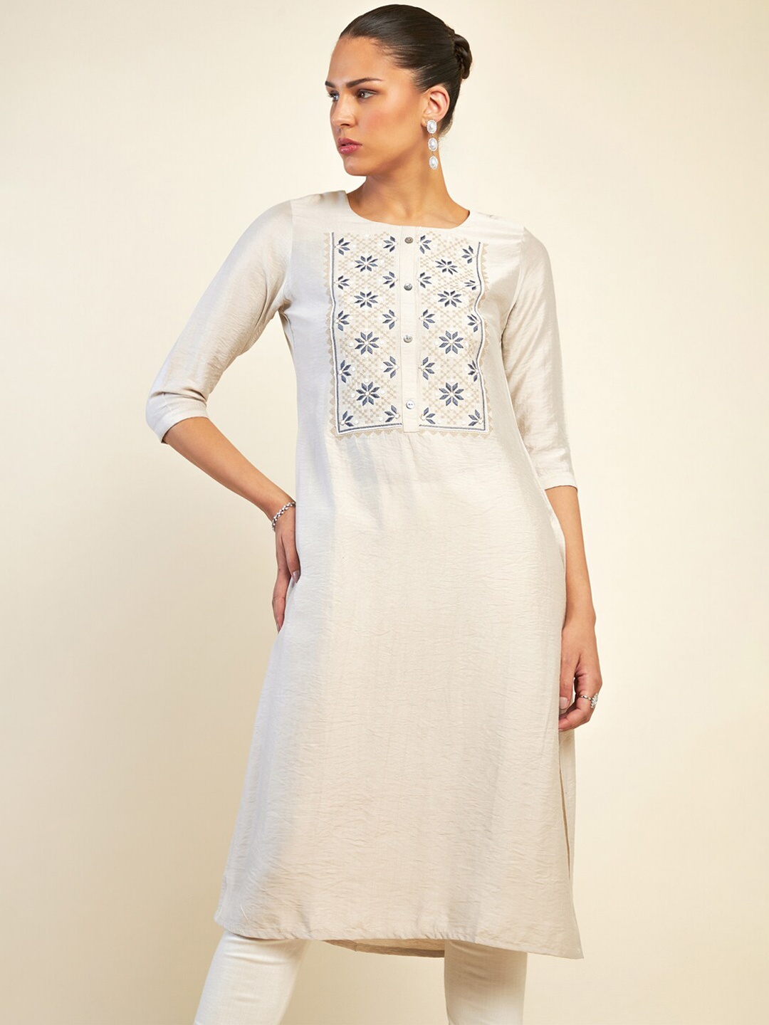 

Soch Floral Yoke Design Mirror Work Kurta, Beige