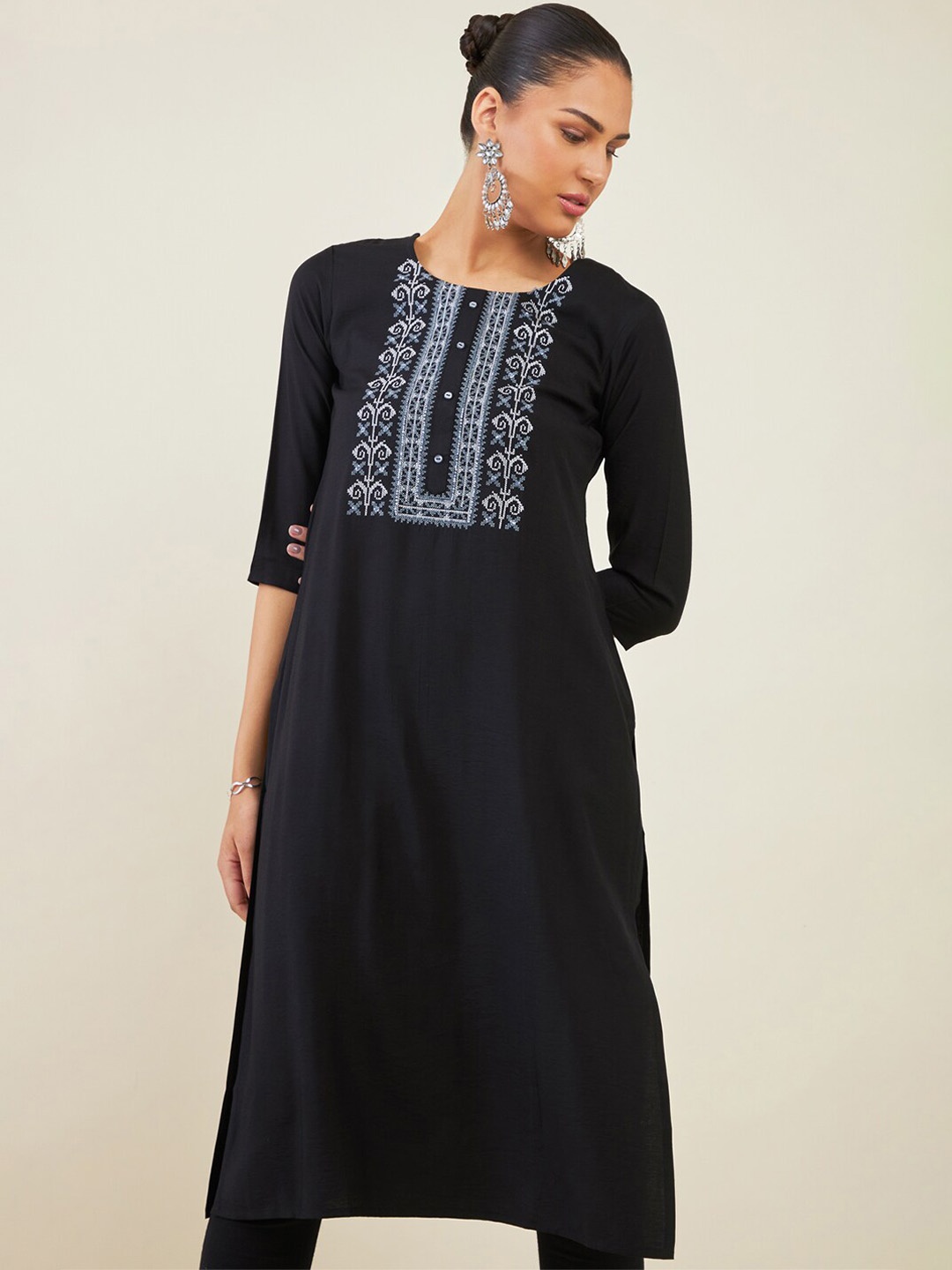 

Soch Ethnic Motifs Embroidered Straight Kurta, Black