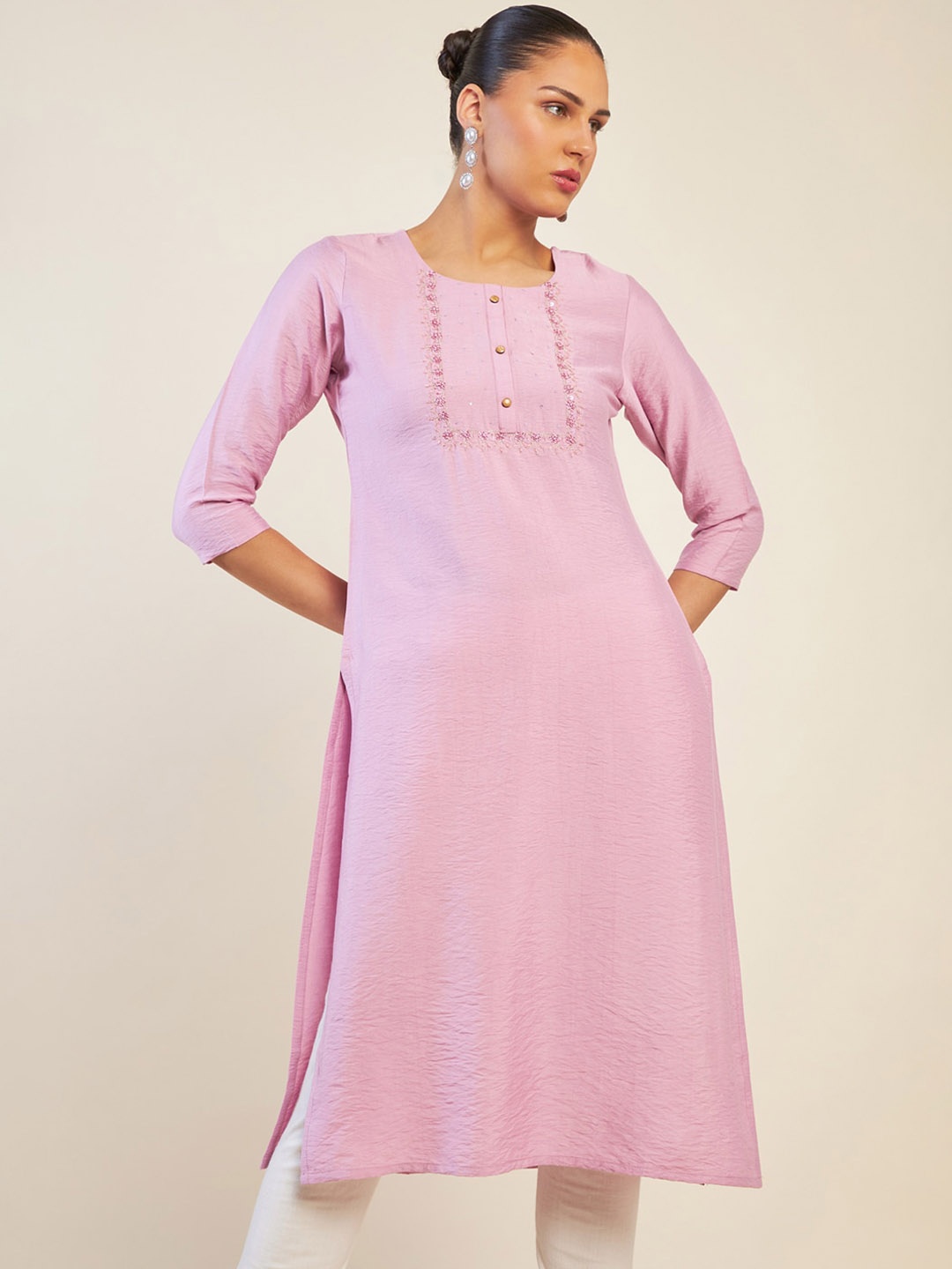 

Soch Floral Yoke Design Thread Work Straight Kurta, Pink