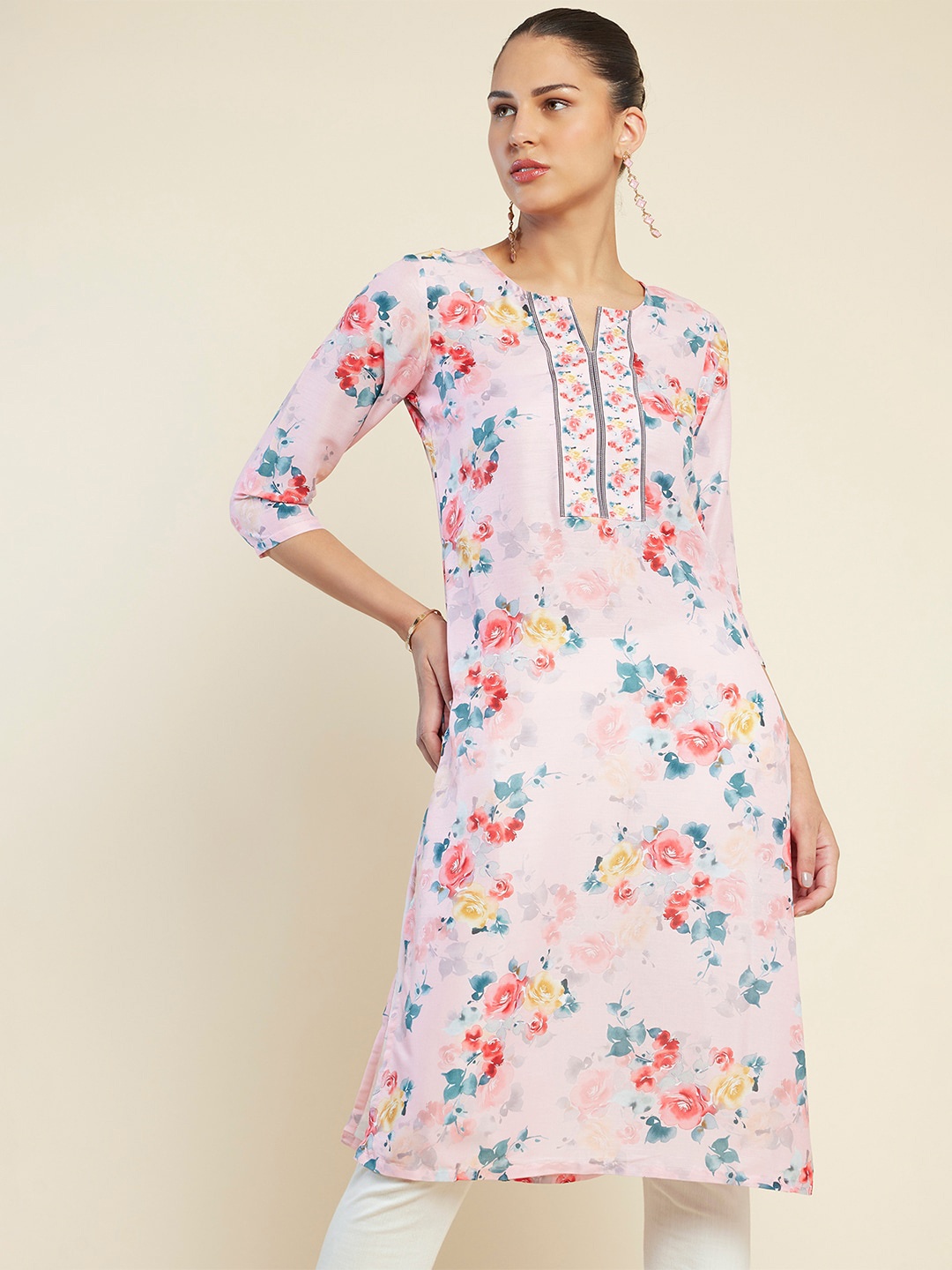 

Soch Floral Printed Notched Neck Thread Work Cotton Kurta, Pink