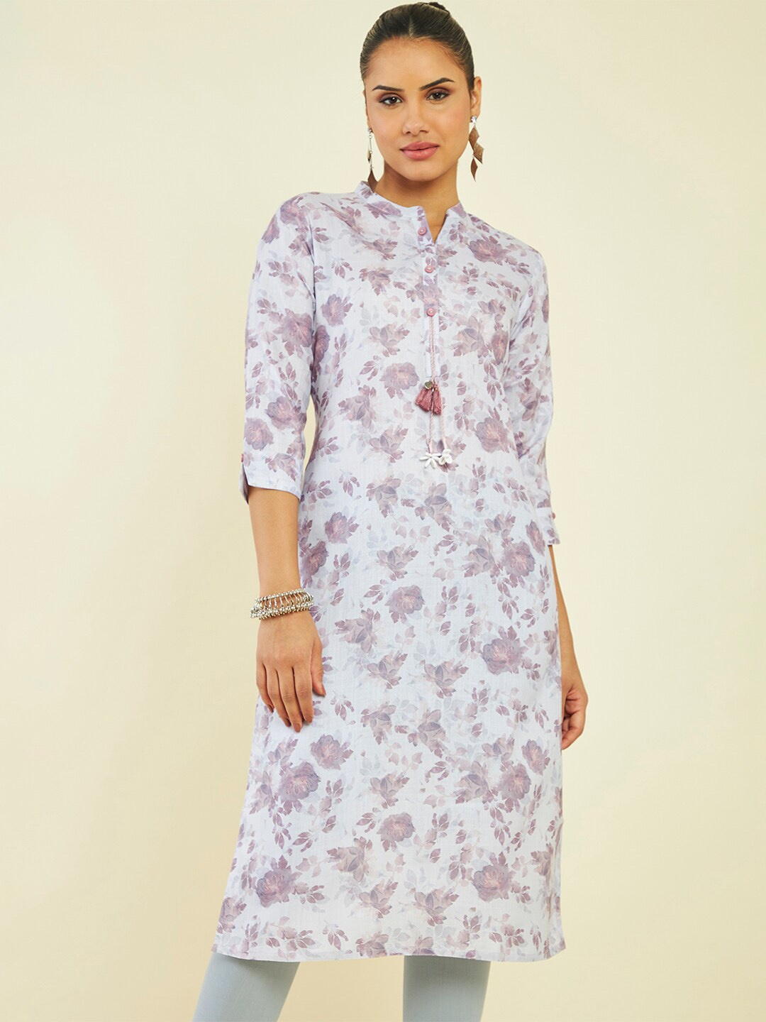 

Soch Floral Printed Band Collar Linen Kurta, Purple
