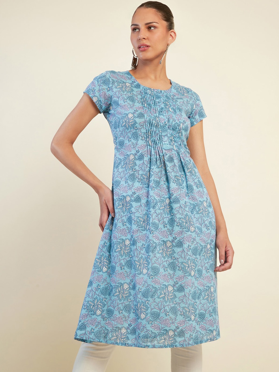 

Soch Floral Printed Pleated A-Line Cotton Kurta, Blue