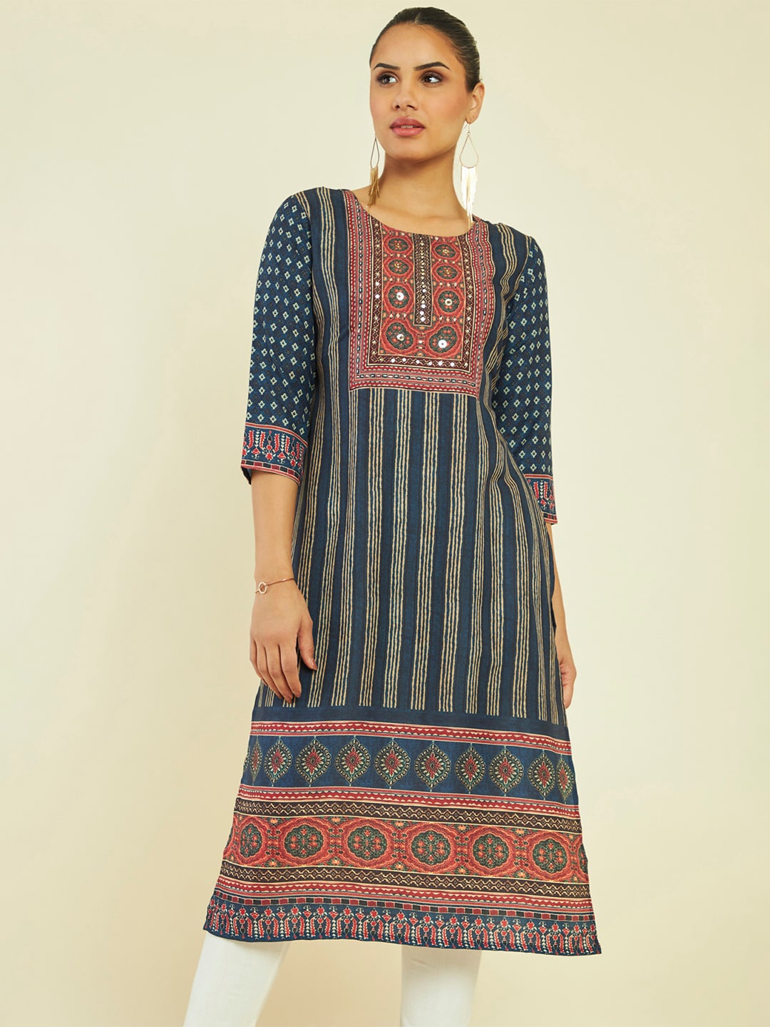 

Soch Striped Sequined Straight Kurta, Navy blue