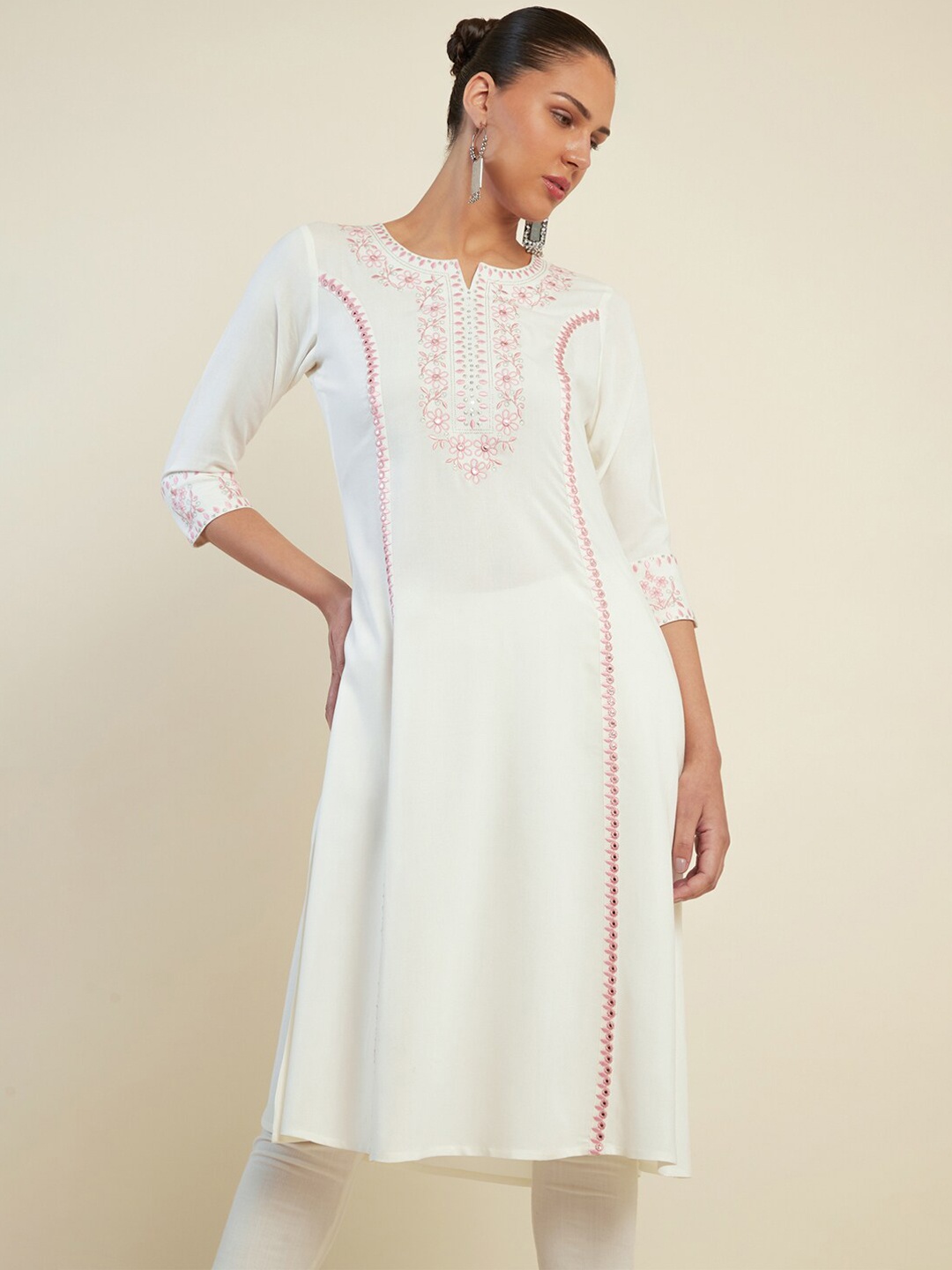 

Soch Floral Embroidered Mirror Work A-Line Panelled Kurta, Off white