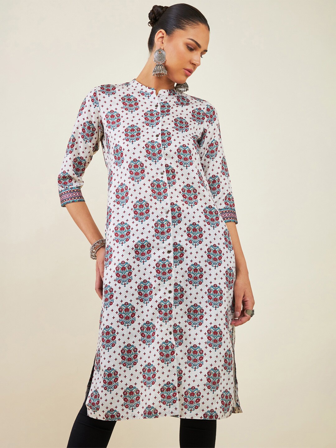 Soch Floral Printed Mandarin Collar Kurta, Off white