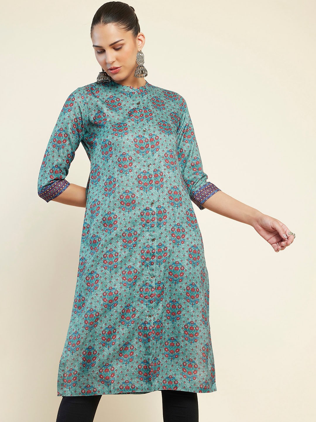 

Soch Mandarin Collar Floral Printed Straight Kurta, Teal