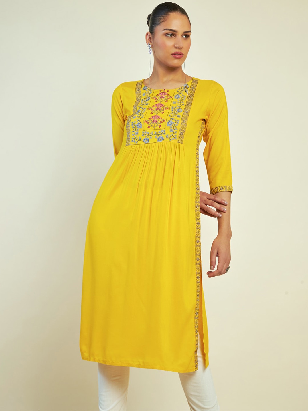 

Soch Floral Embroidered A-Line Pleated Kurta, Mustard