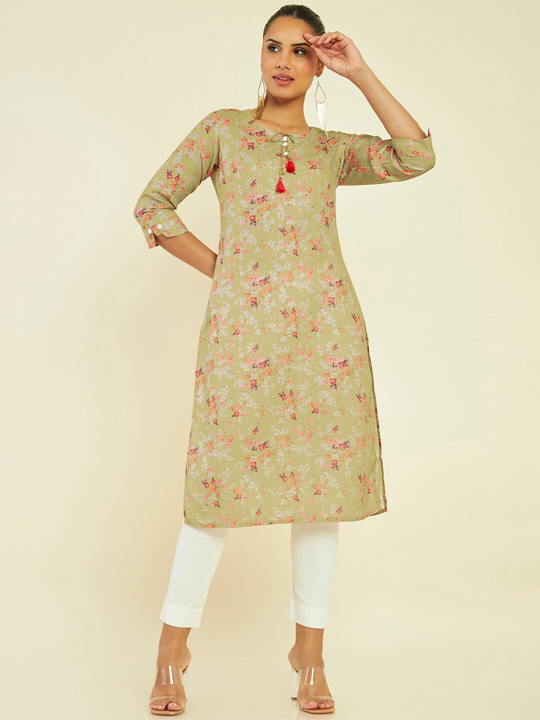 

Soch Floral Printed Tie-Up Detail A-Line Linen Kurta, Green