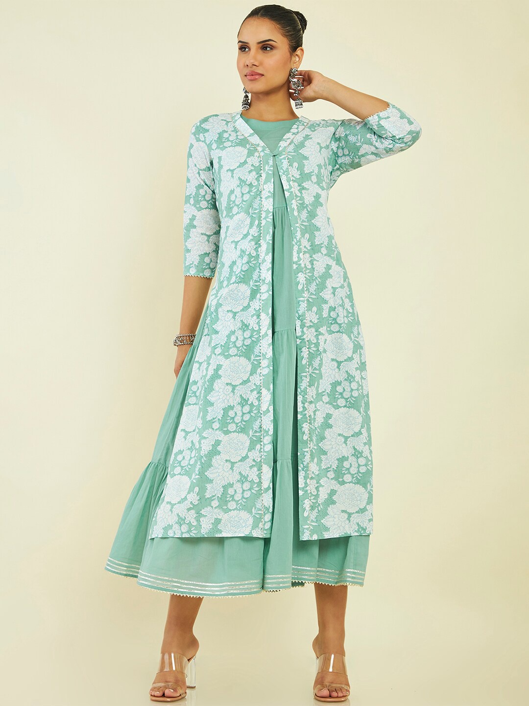 

Soch Floral Printed Tiered Pure Cotton Midi Dress with Jacket, Sea green