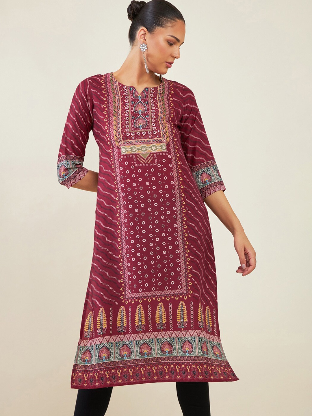 

Soch Ethnic Motif Printed Notched Neck Panelled Kurta, Maroon