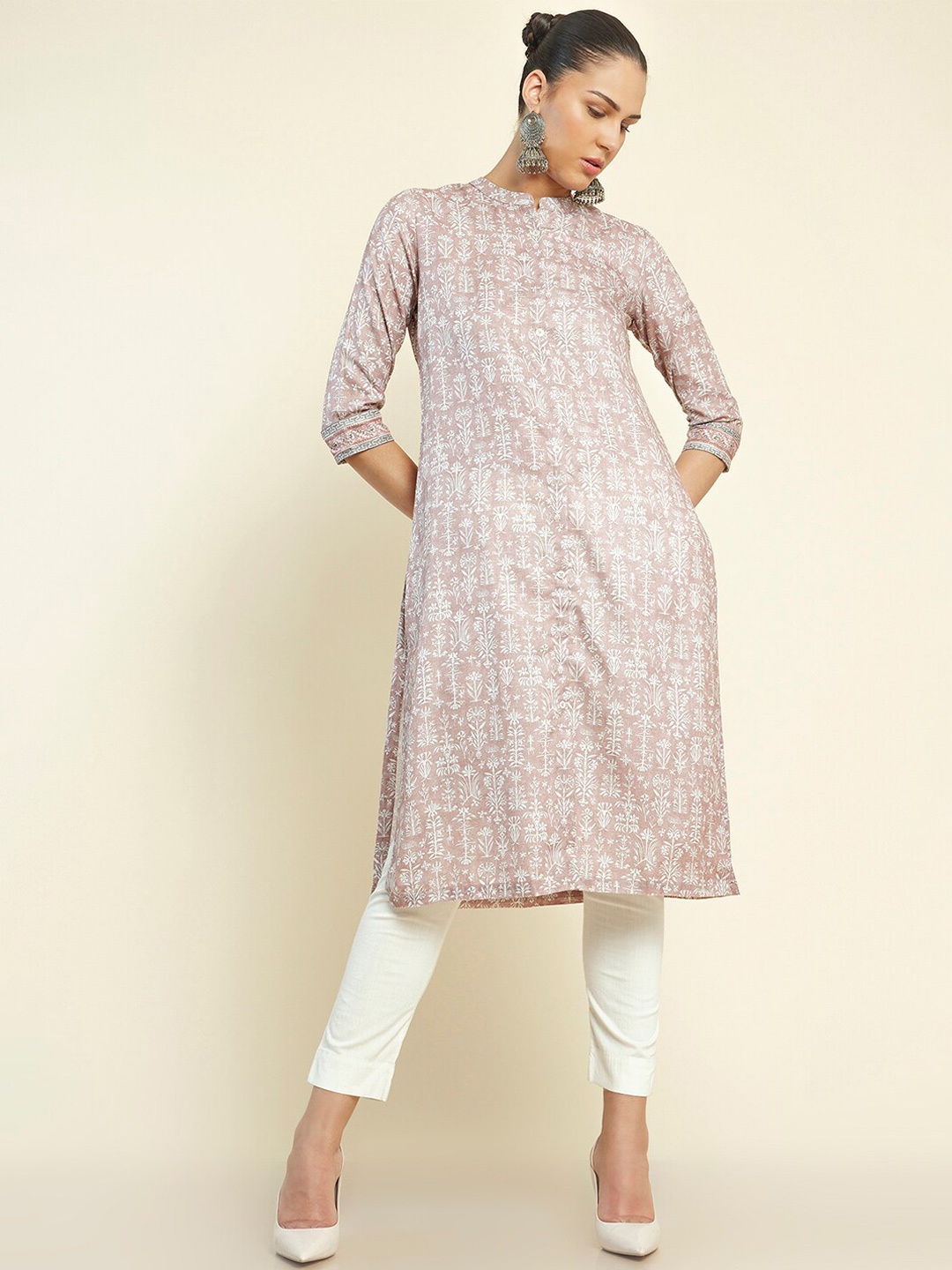 

Soch Band Collar Ethnic Motifs Printed Straight Kurta, Beige