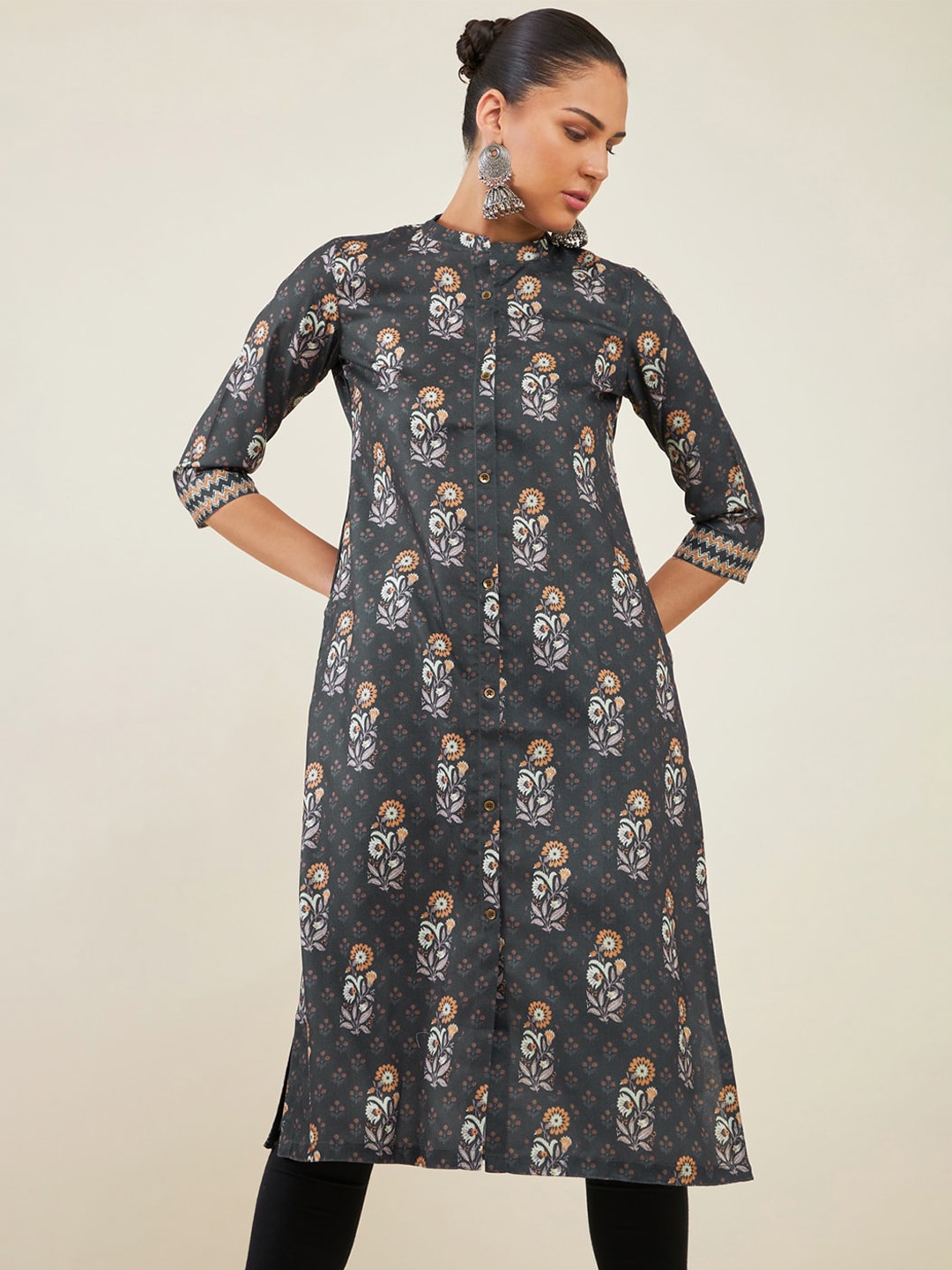 

Soch Floral Printed Mandarin Collar A-Line Kurta, Black