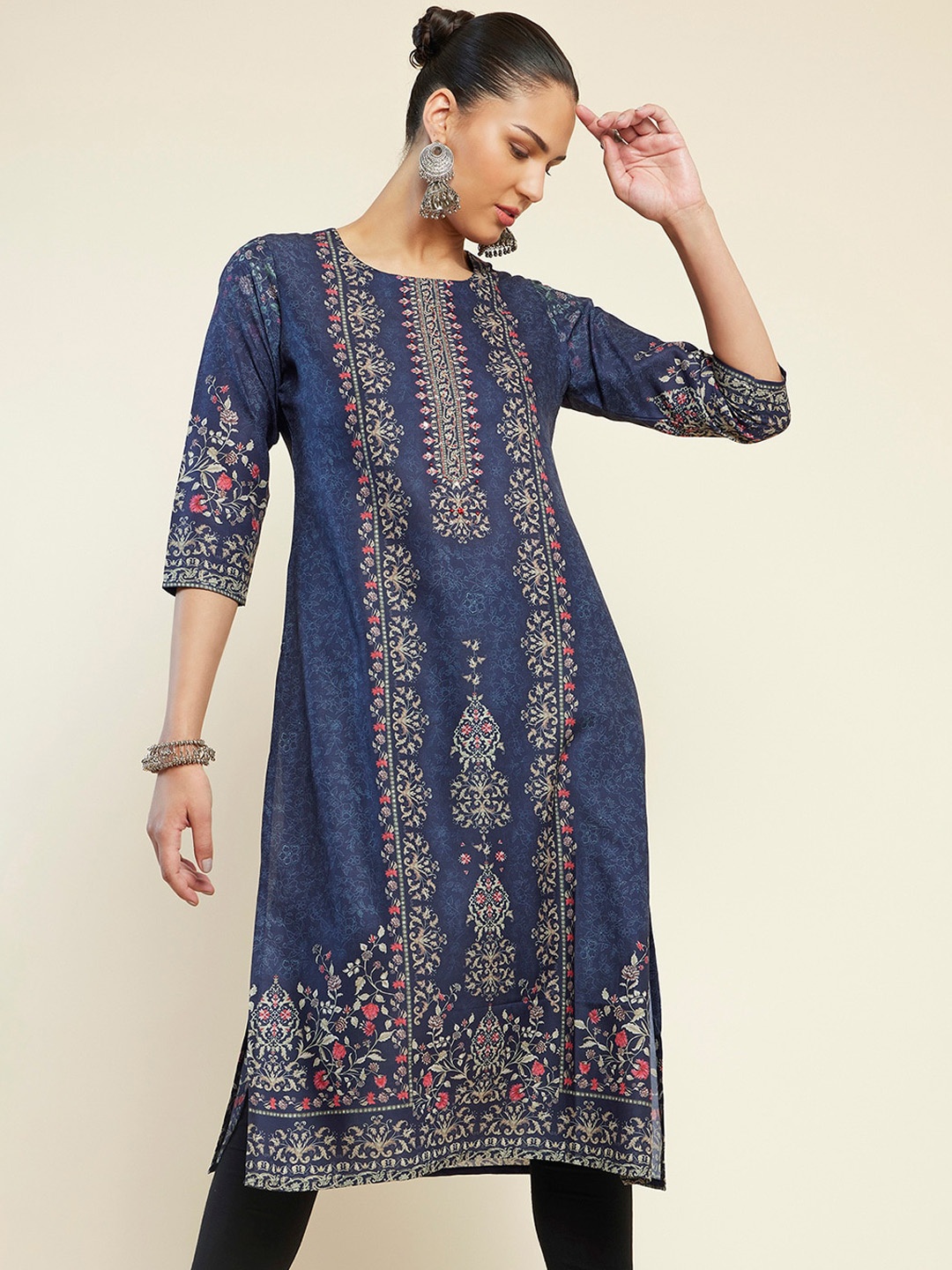 

Soch Floral Printed Bead Work Straight Kurta, Blue