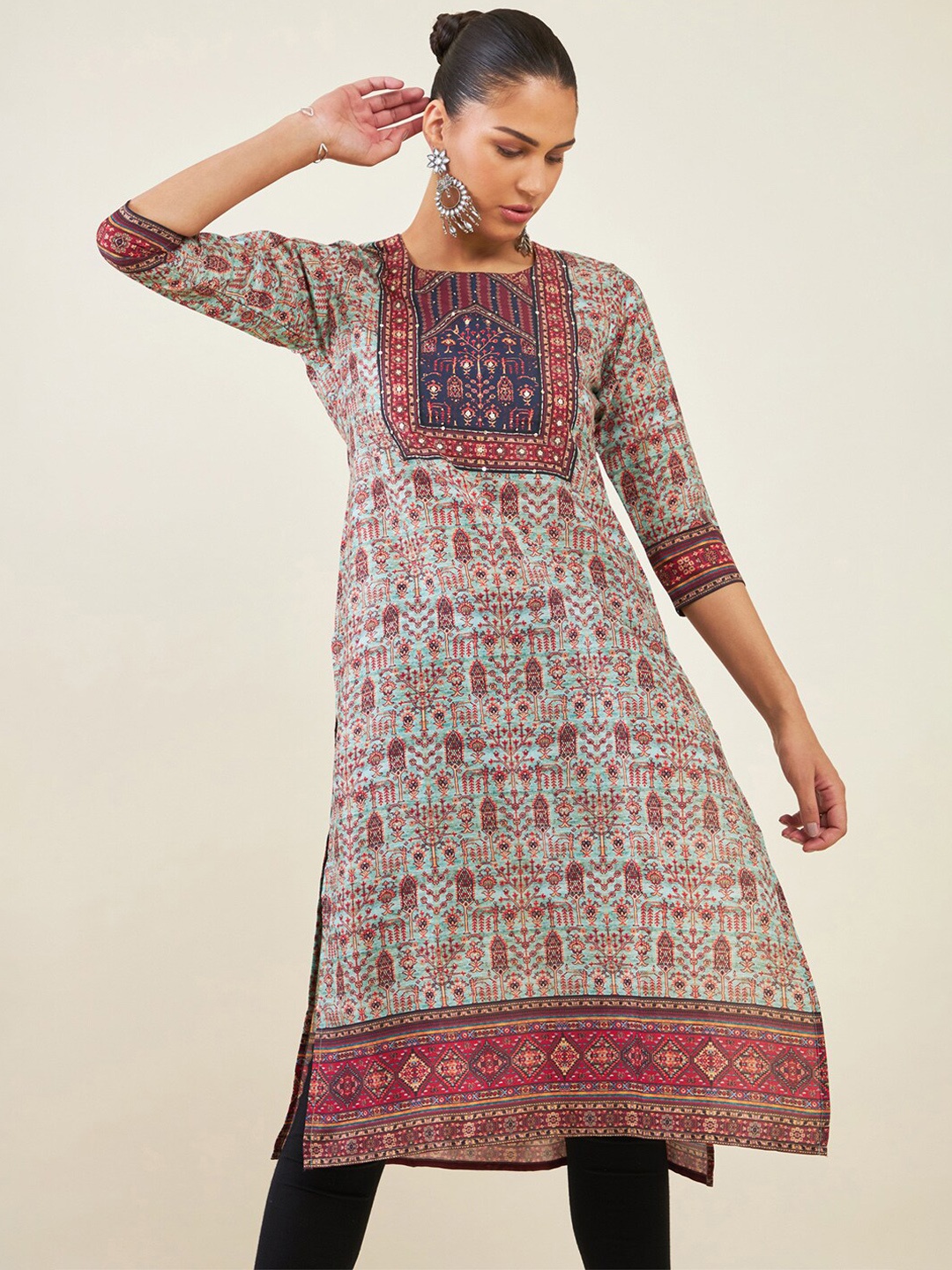 

Soch Ethnic Motifs Printed Sequined Straight Kurta, Turquoise blue