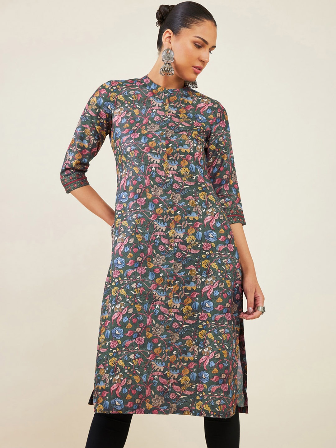 

Soch Mandarin Collar Floral Printed Straight Kurta, Charcoal