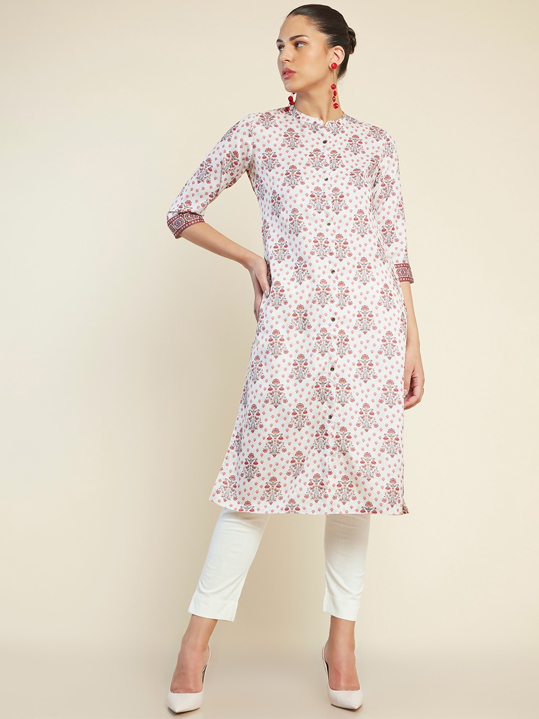 

Soch Mandarin Collar Floral Printed Straight Kurta, Off white