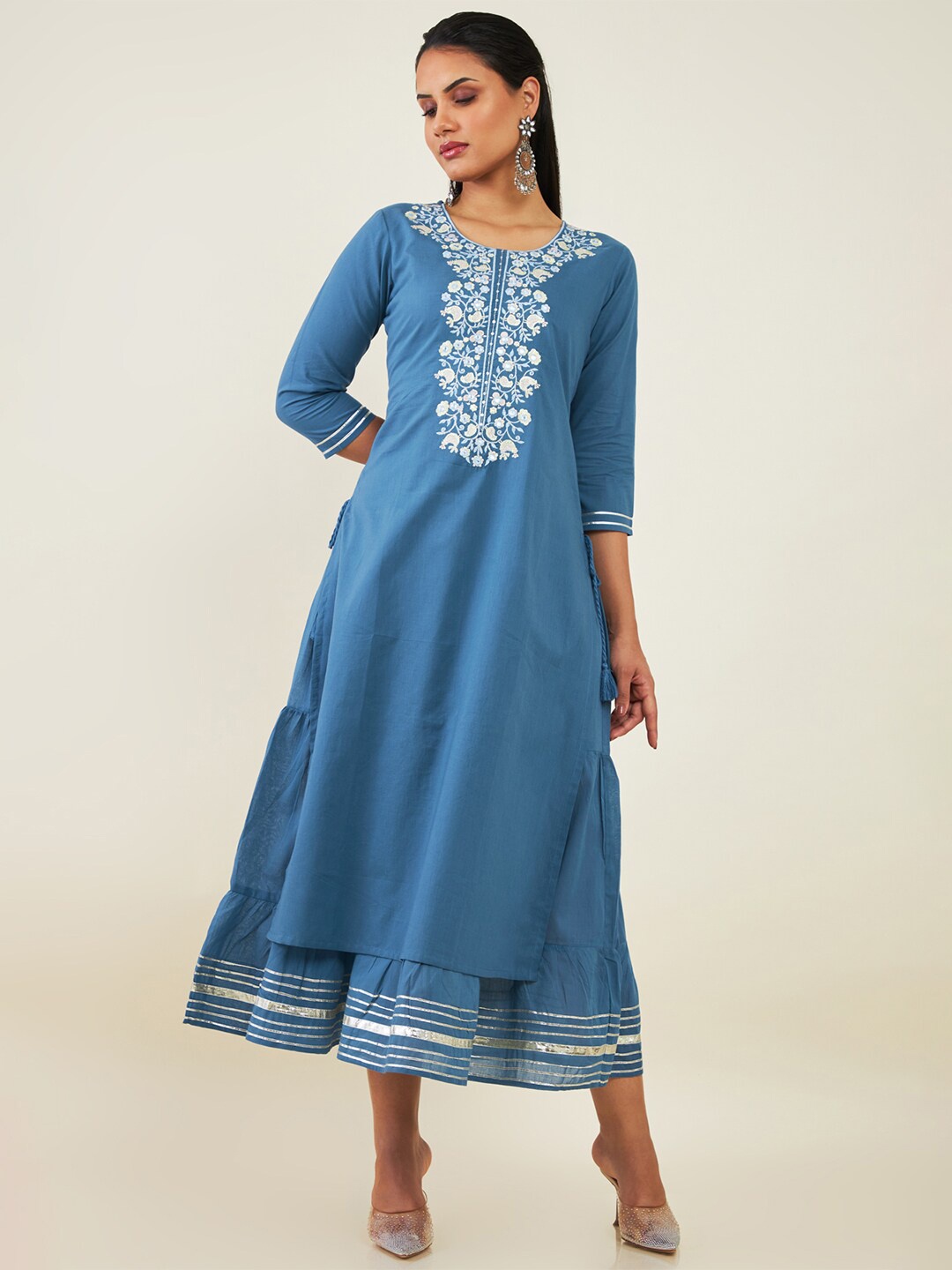 

Soch Round Neck Floral Embroidered Fit And Flare Cotton Ethnic Dress, Blue