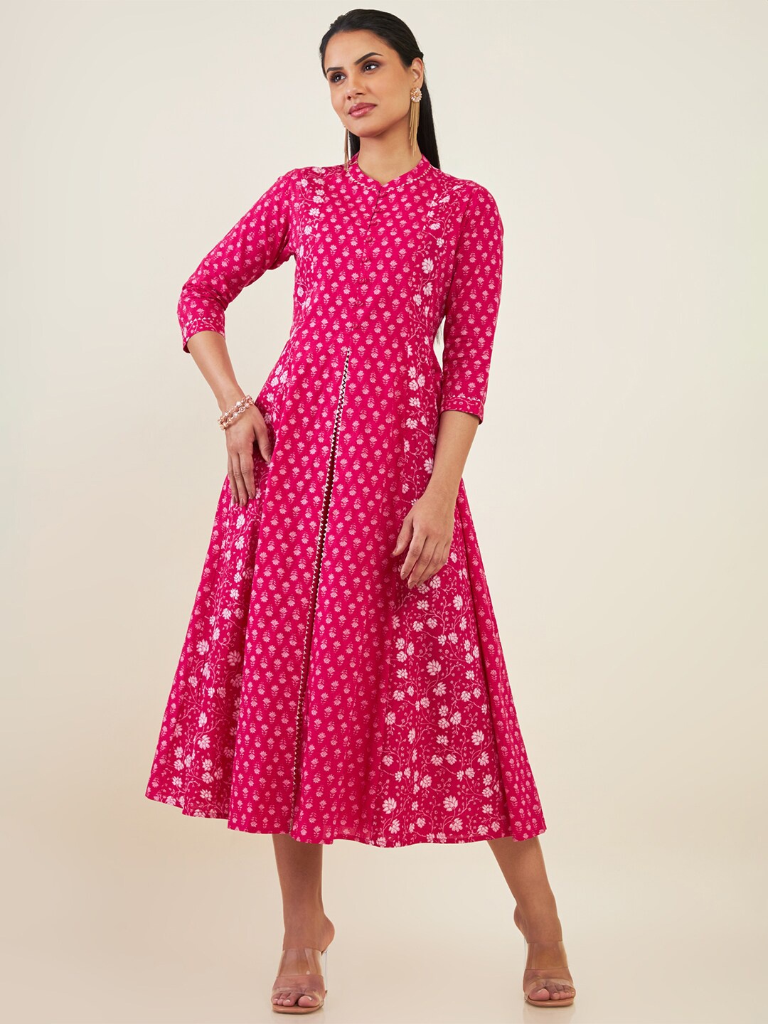 

Soch Mandarin Collar Floral Printed Cotton Fit & Flare Midi Ethnic Dress, Fuchsia