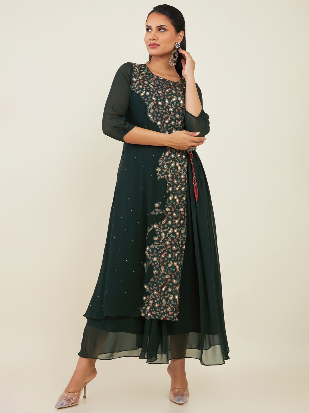 

Soch Round Neck Ethnic Motifs Embroidered Georgette Fit And Flare Ethnic Dress, Green