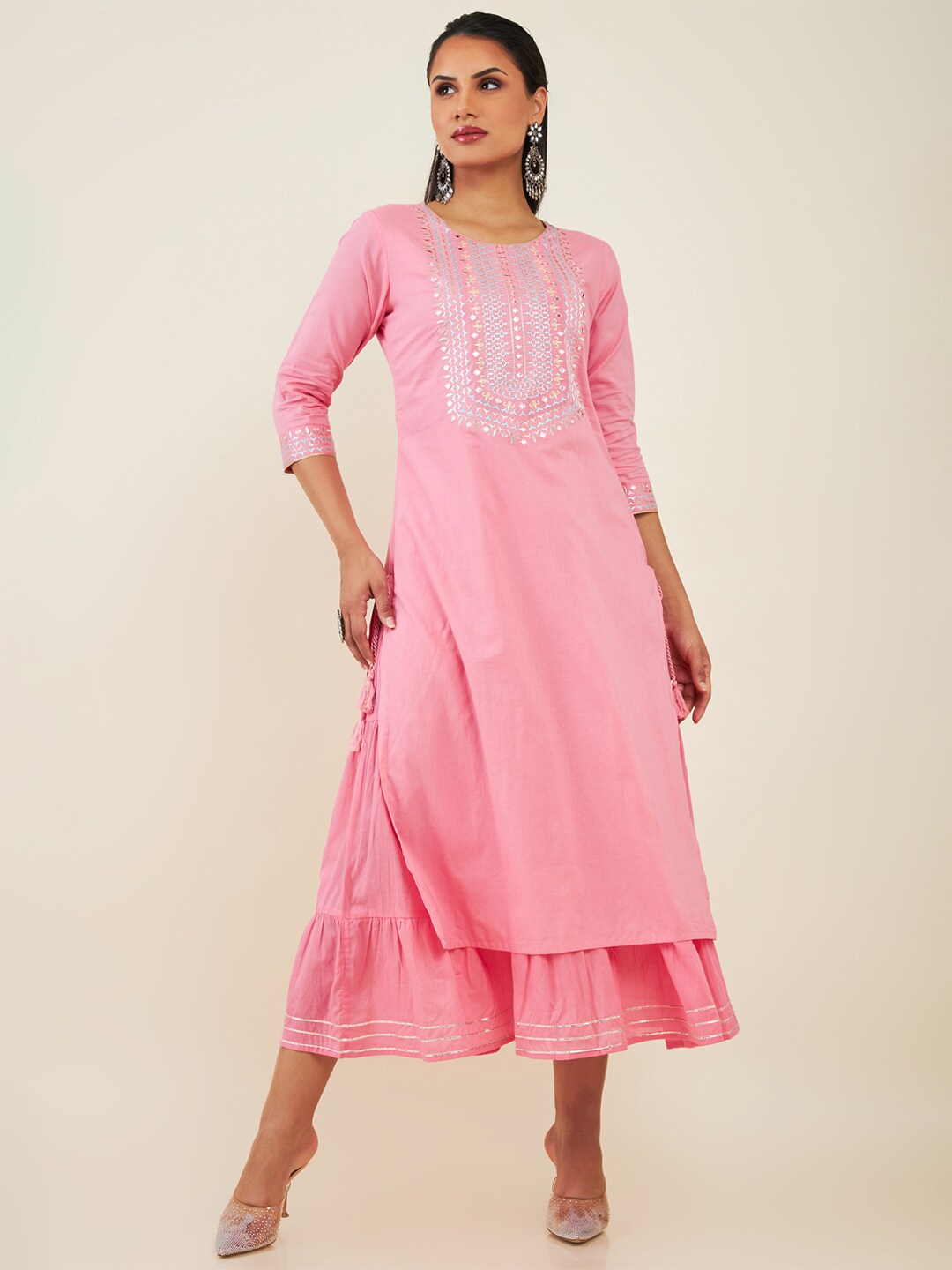 

Soch Round Neck Floral Embroidered Cotton Fit And Flare Dress, Pink