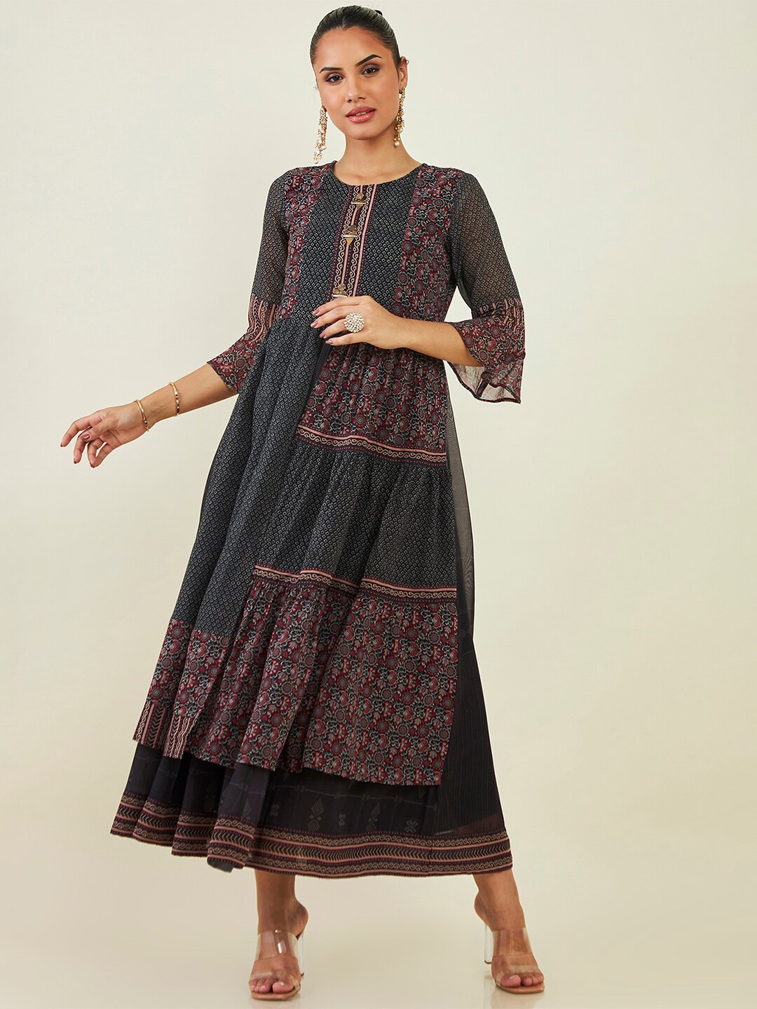 

Soch Round Neck Ethnic Motifs Printed Georgette Fit And Flare Ethnic Dress, Black