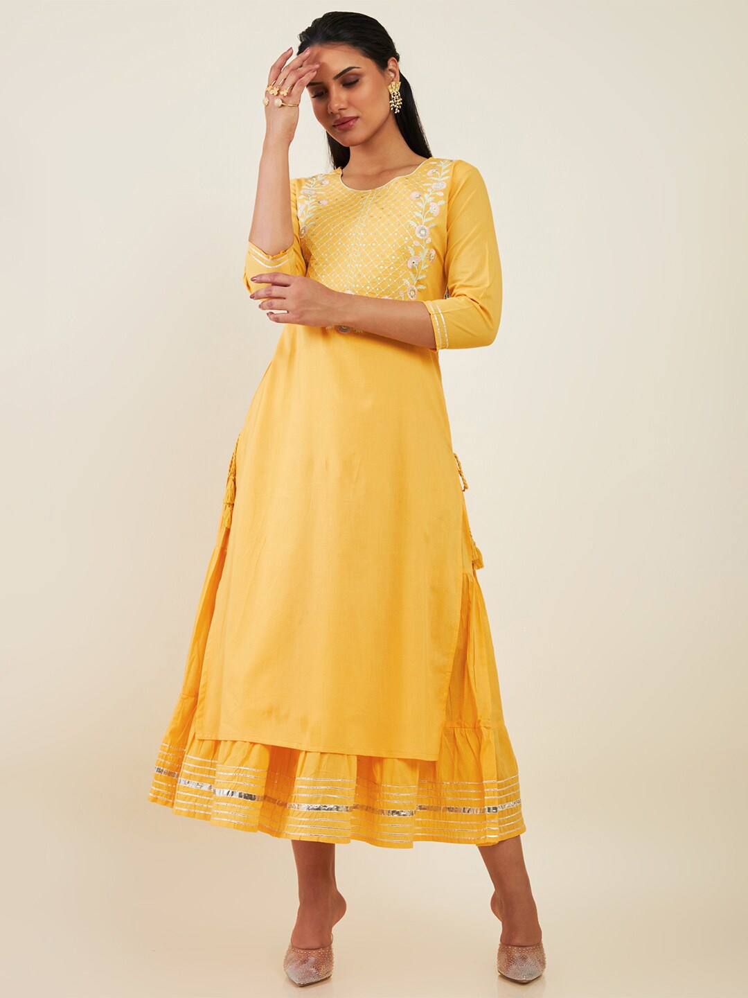 

Soch Round Neck Floral Embroidered Cotton Fit And Flare Ethnic Dress, Yellow