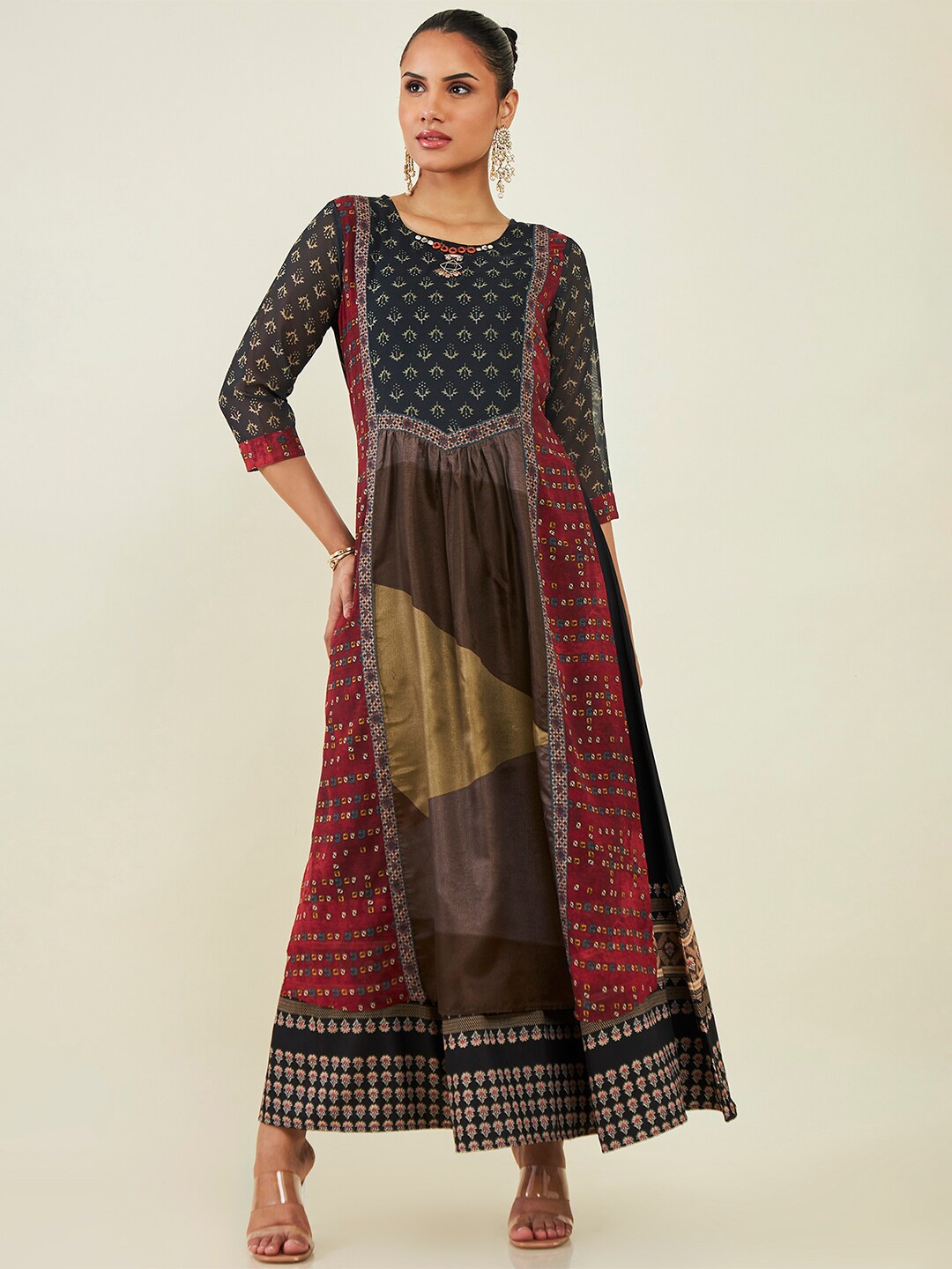 

Soch Round Neck Ethnic Motifs Printed Georgette Fit And Flare Ethnic Dress, Black