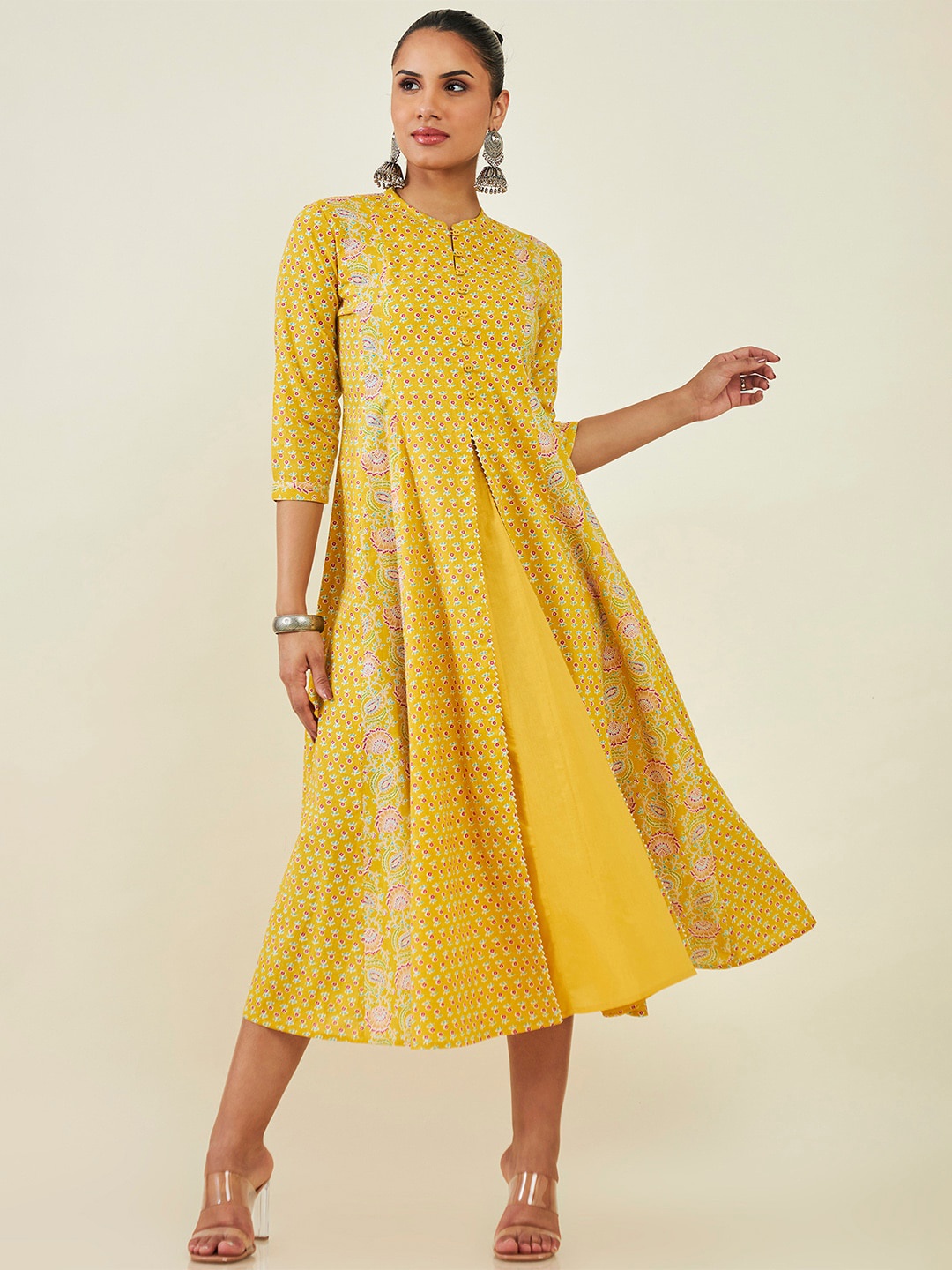 

Soch Mandarin Collar Floral Printed Cotton Midi Fit And Flare Ethnic Dress, Mustard