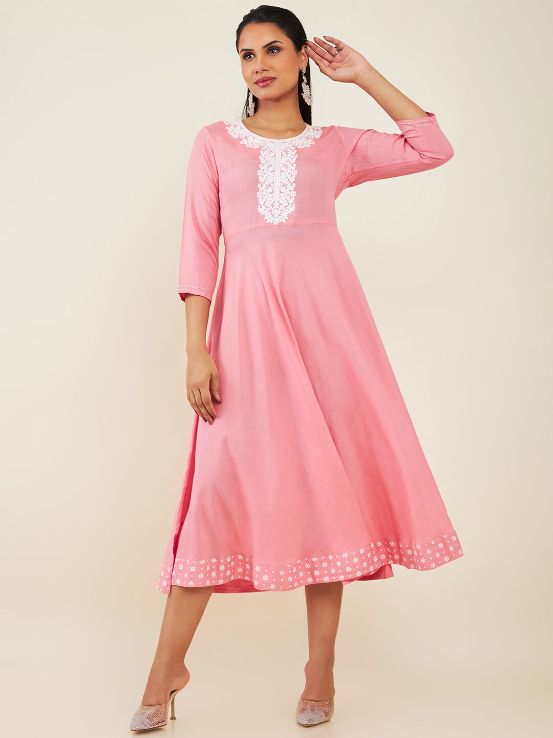 

Soch Round Neck Embroidered Georgette Maxi Fit And Flare Ethnic Dress, Pink